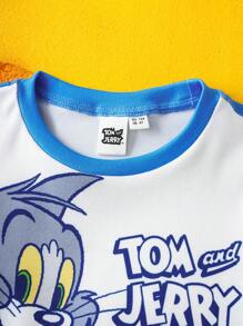 TOM & JERRY X SHEIN Pigiama set per ragazzo giovane, composto da t-shirt a maniche corte con stampa di cartoni animati blu e pantaloncini aderenti e comodi, stile casual