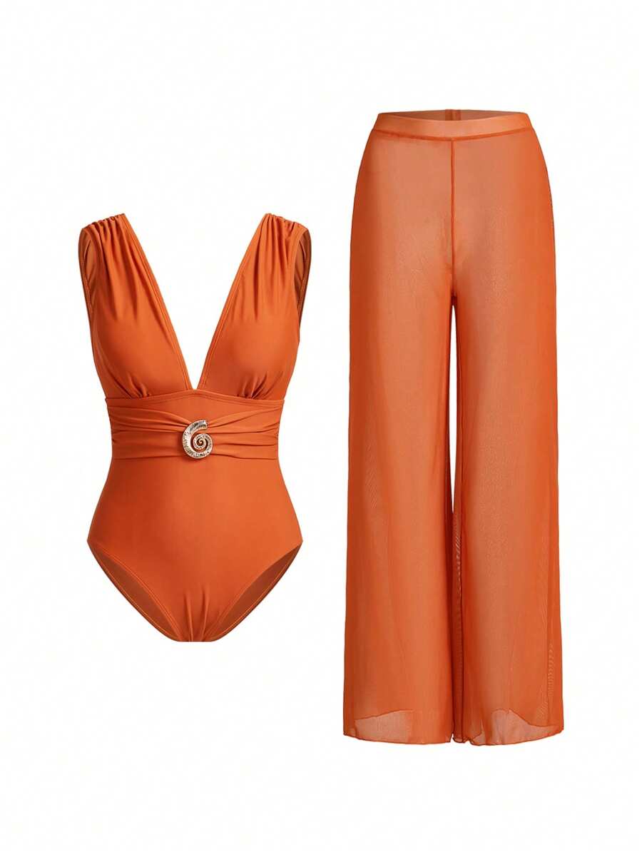 Swim Oasis Đồ bơi liền mảnh thiết kế vỏ sò sâu chữ V thanh lịch cao cấp màu nâu cho nữ - màu nâu - Xem 1