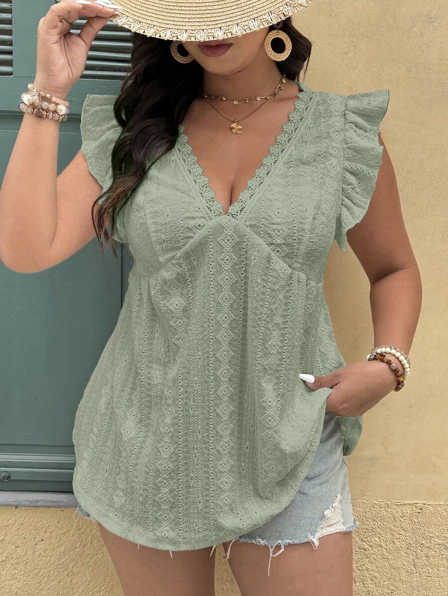 Breezaya Plus Size Women Eyelet Knit Ruched Shirring T-Shirt With Lace V-Neck - Mint Green - View 1