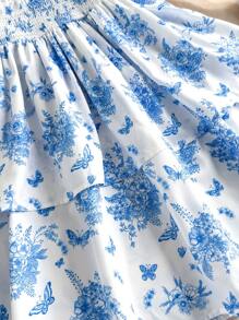 Đầm hở vai in họa tiết bèo nhún đôi cho bé gái tuổi teen, đa năng để mặc hàng ngày - Màu xanh lam - Xem 3