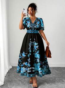 Elenzga Váy tay lửng cổ chữ V họa tiết Bohemian thời trang nữ cỡ lớn đa năng đi nghỉ dưỡng bãi biển Maldives Thái Lan, Xuân/Hè - Nhiều màu - Xem 3