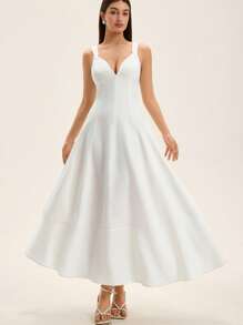 Aveloria Rosie New French Style Beach Vacation Date Simple Elegant Elegant Women Deep V-Neck Waist-Cinched Vertical Split Design Flared Hem Sleeveless Dress   Old Money Style For Summer