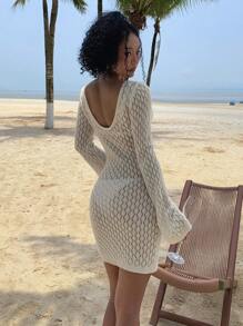 DAZY 女士碎花露背镂空喇叭袖毛衣连衣裙 Y2k，沙滩度假装 - 杏色 - 查看 5