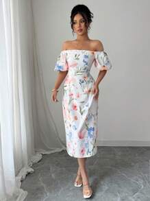 Selianne Women's Elegant Floral Allover Print Off Shoulder Summer Dress - Apricot - View 4