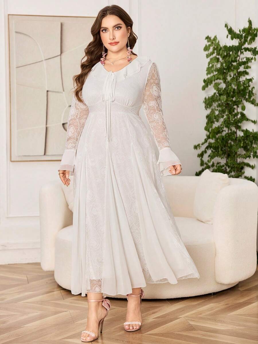 Modelyn 大码女式优雅蕾丝雪纺拼布连衣裙 - 白色 - 查看 1