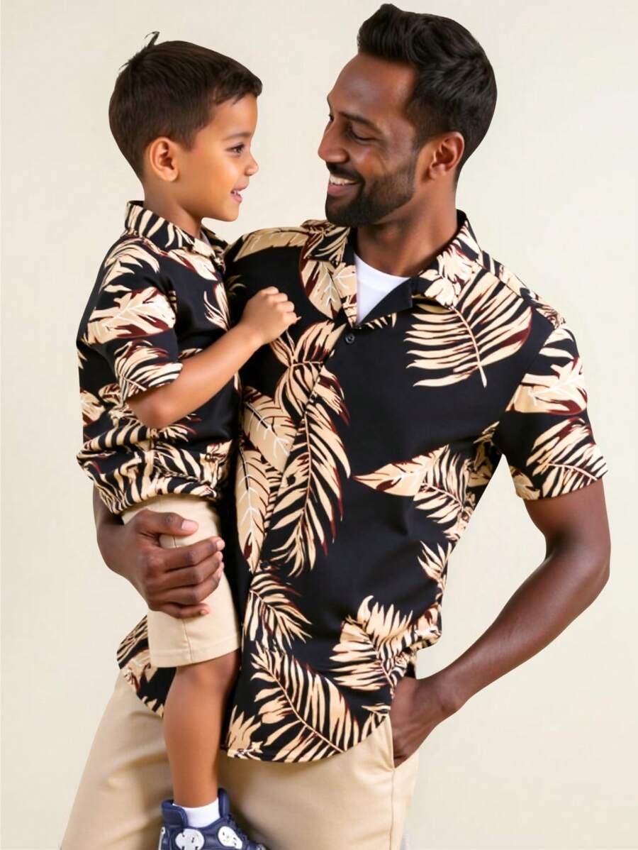 2pcs Young Boys Daddy And Me Matching Outfits (2 Sets Sold Separately), Casual Comfortable Versatile Leaf Print Short Sleeve Shirt And Solid Color Shorts Set - Multicolor - View 1