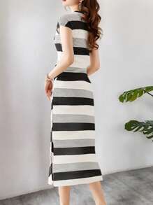 Rochie de vară pentru femei, cu dungi, guler rotund, mânecă scurtă, casual, tip shift - Alb-negru - Vizualizare 2