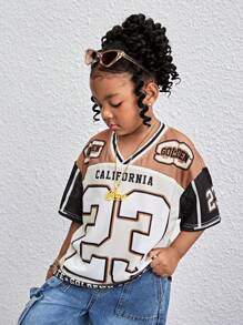 Camiseta casual de niña con cuello en V y estampado de números de punto