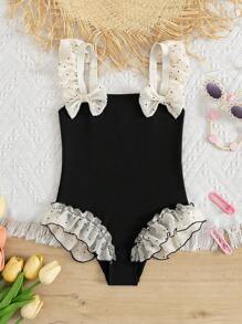 SHEIN Baju Renang Terusan Anak Perempuan Warna Hitam Polos dengan Pita dan Rumbai, Lucu untuk Pantai, Liburan Musim Panas di Resor - Hitam - View 5