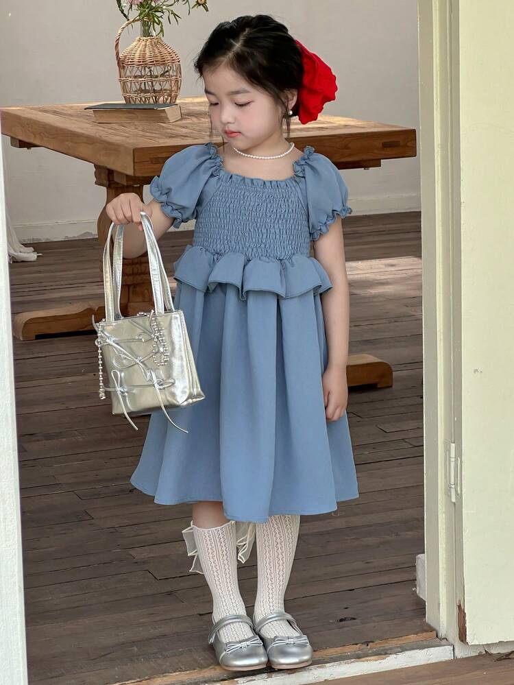 Young Girl Ruffled Bubble Short Sleeve Dress For Girls, Summer
