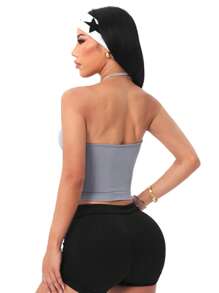 SHEIN Sports 女式纯色褶饰挂脖日常健身运动背心 - 灰色 - 查看 2