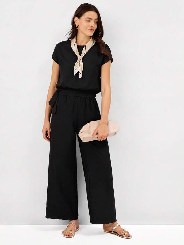 Miaspire Women Solid Color Casual 2 Pieces Set: Short Sleeve Tie Front Top And Pants