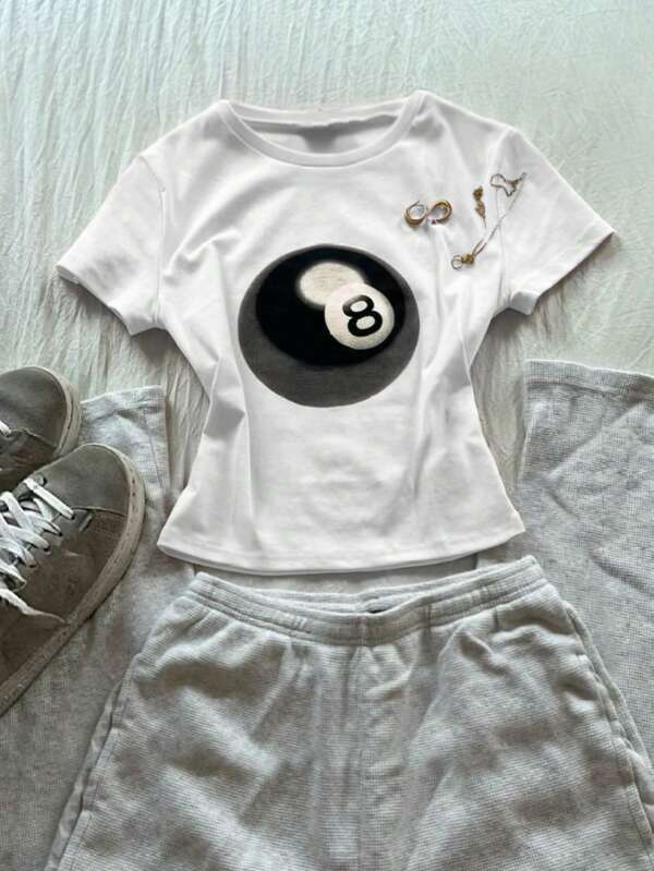Women's Casual Pool 8 Ball Print Cropped Round Neck Short Sleeve T-Shirt