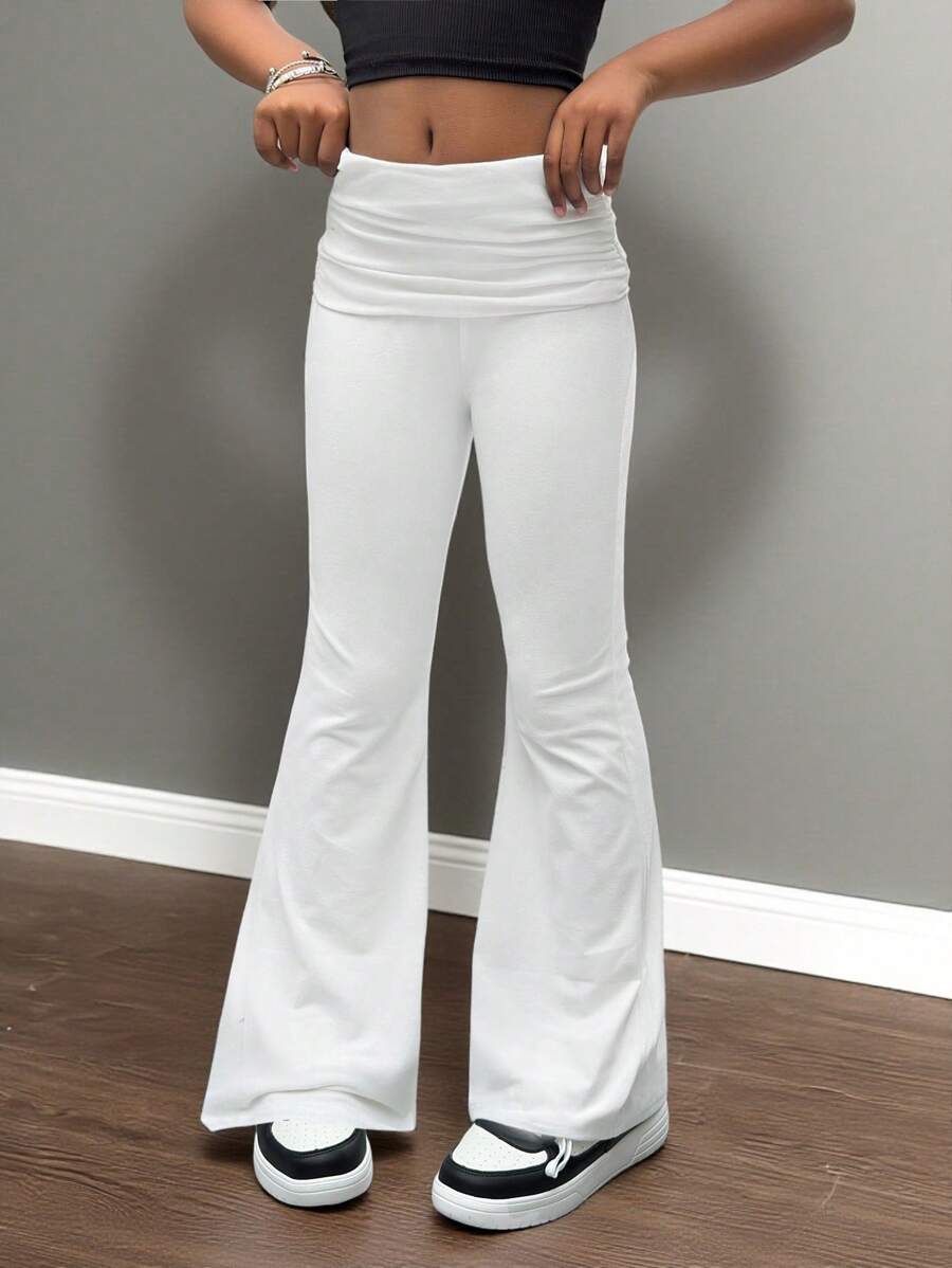 SHEIN Tween Girls Casual Basic Ribbed High Waist Ruched Slim Flared Pants, Back To School - White - View 1