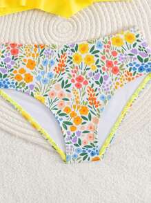 Girls Random Combination Of Minimalist Black Swimsuit Top And Refreshing Coconut Tree Print Pattern Bikini Bottom, 2 Pieces Swimsuit Set - Yellow - View 3