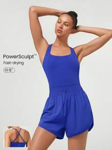 GLOWMODE Powersculpt™ Sweat-Wicking Quick-Dry Cool Feel Ready To Romp Crossover Back Elastic Waist Curved Hem Square Neck Athletic Romper High Impact Workout Running Training Gym