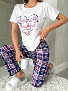RueChic Cotton Wıomen Heart Lettered Short Sleeved Shirt&Plaid Pattern Sleep Bottom Pajama Set - White - View 6