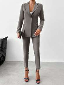 EURMUSE Ladies' Solid Color Lapel Single Button Suit Jacket And Pants Set - Grey - View 5