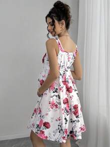 Momance Vestido premamá largo con estampado floral menudo, elegante escote cuadrado sin mangas, perfecto para vacaciones - Multicolor - Ver 3