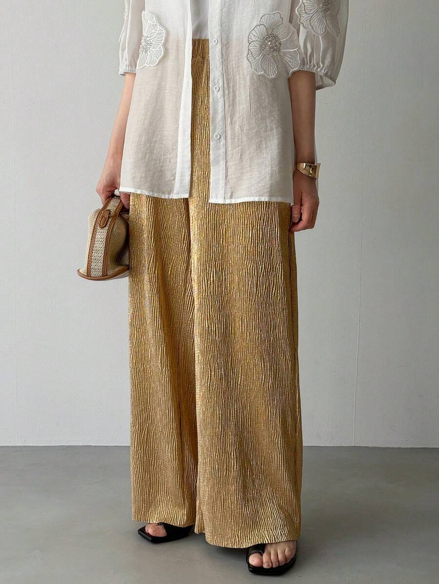 FRIFUL Women Textured Elastic Waist Wide Leg Pants, Grandmother Style, Spring/Summer Low Rise
