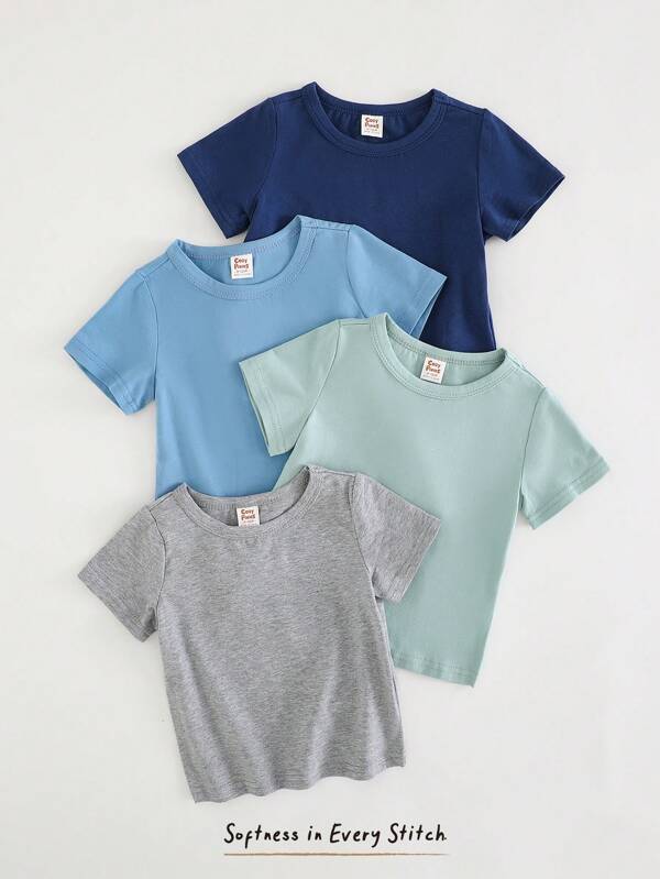 Cozy Pixies 4pcs/Set Baby Boy Solid Color Knit Soft Casual Versatile Round Neck Short Sleeve T-Shirt