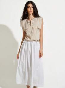 GENKIRA New Casual Round Neck Zipper Stitching Long Dress For Women, Spring/Summer - Khaki - View 3