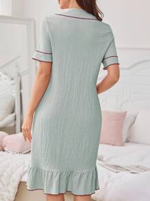 SHEIN Contrast Color Collar Ruffled Hem Jacquard Short Sleeve Open Front Maternity Dress - Mint Green - View 2