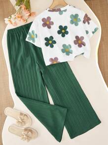 SHEIN 2pcs/Set Girls Floral Full Print T-Shirt And High Waist Textured Wide Leg Pants Set - Green - View 2