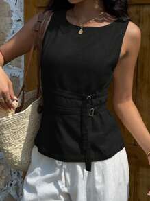SHEIN EZwear 女式黑色梭织无袖背心，夏季 - 黑色 - 查看 5
