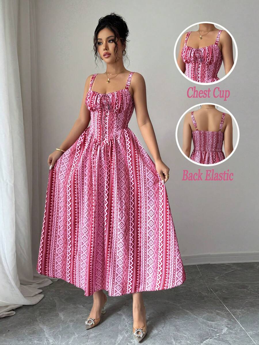 SHEIN Unity Rafferiza 女式浪漫情人节演唱会装度假生日连衣裙休闲连衣裙荷叶边前系带蝴蝶结可爱优雅粉红玫红色不对称水钻条纹印花吊带后背不对称腰部修身A字下摆2025夏季新款长裙 - 粉色 - 查看 1