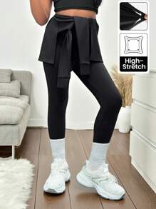 SHEIN Camisa con nudo adelante y leggings casuales y deportivos de corte slim para niñas preadolescentes, de vuelta al colegio