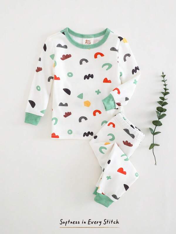 Cozy Pixies Baby Boy Cartoon Pattern Knit Soft Round Neck Long Sleeve Pullover Top And Elastic Waist Long Pants Snug Fit 2pcs Pajama Set