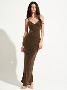 Aveloria Affinna Vestido de tirantes finos elegante, sexy y versátil con acabado metalizado de textura en negro y dorado