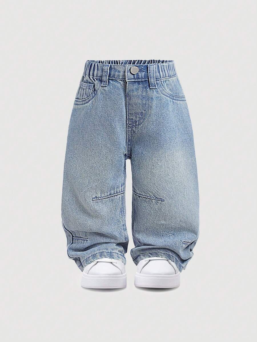 SHEIN Baby Girl Fashion Denim Cocoon Pants, Suitable For Summer, Blue - Light Wash - View 1