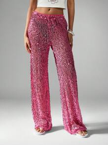 MISSGUIDED Glamorous Sequin Wide Leg Pants Disco Party Evening Wear Festival Dance Trousers Sparkling Palazzo Style Holiday Club Bottoms - Hot Pink - View 5