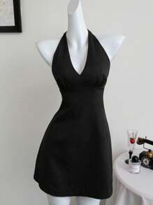 Elamini Vestido de línea A con cuello de pico profundo, cordón y espalda descubierta, sexy y elegante, para primavera/verano