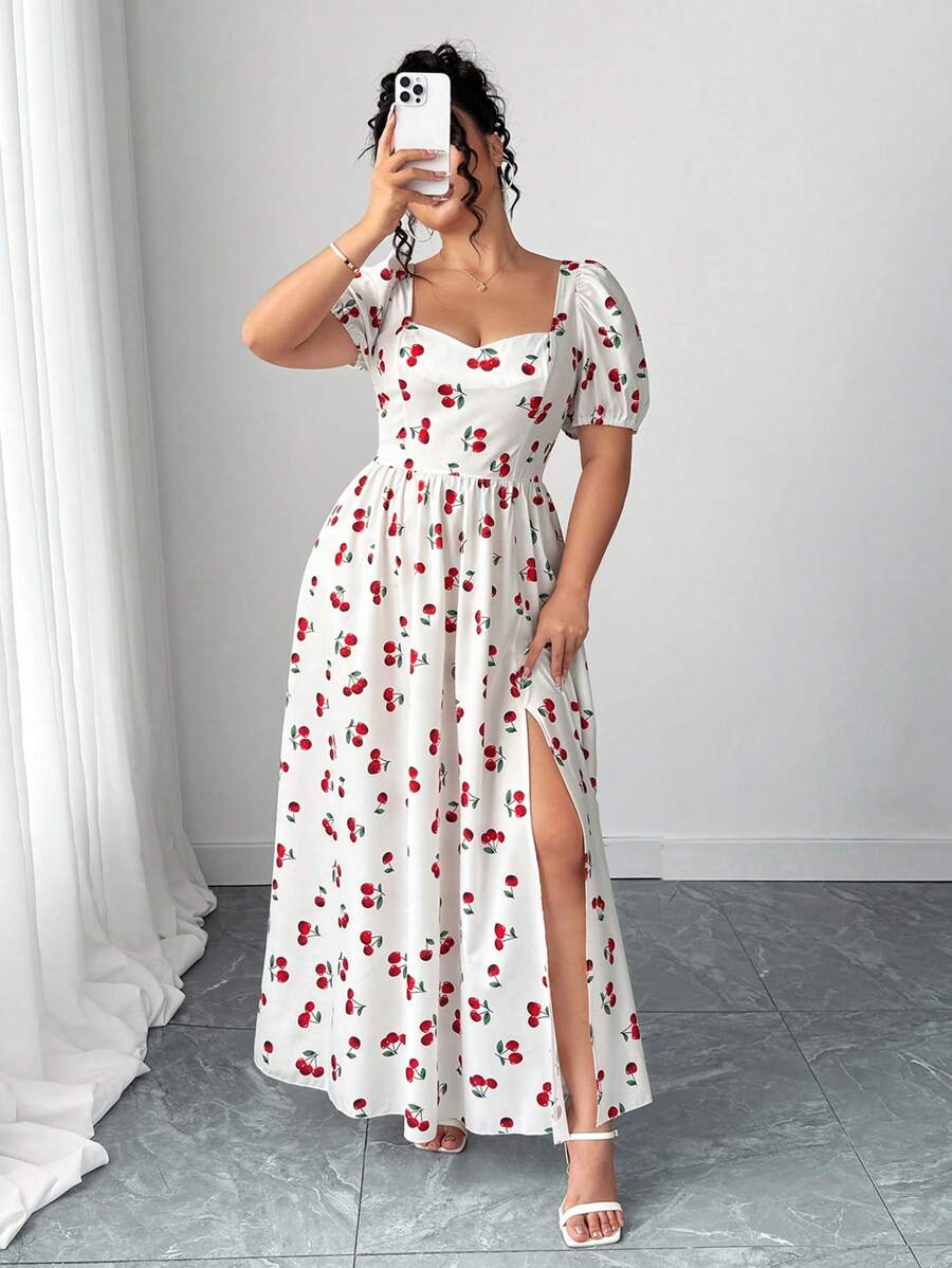 Elenzga Plus Size Women Cherry Print Ruffle Backless Split Dress With Bubble Sleeves - White - View 1