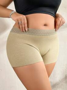 SHEIN 1 件女士加大码棉混纺罗纹蕾丝边性感内裤 - 卡其色 - 查看 4