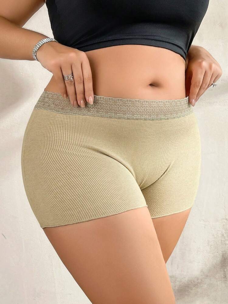 SHEIN 1 pièce Culotte sexy grande taille en coton mélangé avec dentelle côtelée pour femmes - Kaki - Voir 4