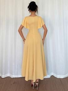 Selianne 优雅休闲紧身连衣裙，法式船领，短袖，奶油黄色，适合工作穿着，春夏季 - 黃色 - 查看 2