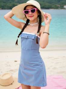 Tween Girls Y2K Stone Washed Snug Fit Skater Dress With Bow Detail, Cute Denim Overall Dress For Spring/Summer Vacation - Light Wash - View 4