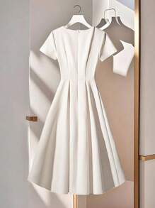 Franclia Đầm nữ tay ngắn cổ chữ V đính ngọc trai giả màu trơn thanh lịch - trắng - Xem 2