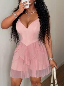 Maweii Sexy Elegant Mesh Patchwork Criss-Cross Spaghetti Strap V-Neck Plus Size Pink Romper - Pink - View 6