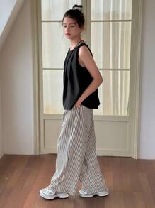 DAZY Teen Girl Solid Color Crew Neck Sleeveless Top And Striped Wide Leg Pants 2 Pieces Set,Girls Summer Outfits,Back To School Clothes