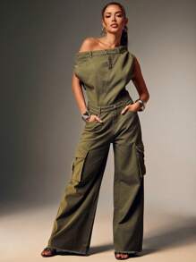 Denimoi Off Shoulder Contrast Stitch Cargo Utility Jumpsuit Denim Jumpsuit - Olive Green - View 2
