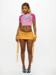 SUMWON WOMEN Summer Festival Essential Baby Crop Top Short Sleeve Raglan Color Block Graphic Fitted Cotton Cropped Tee Casual Shirt - Pink - View 3