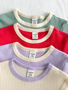 Loomiva Conjunto de 4 piezas de tops de punto con cuello redondo y manga corta unicolor para niña bebé - Multicolor - Ver 3