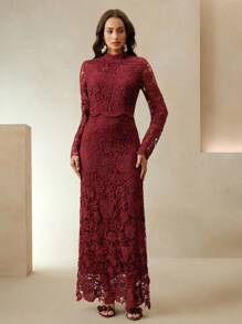 Anewsta 女士优雅法式玫瑰图案缎面拼接蕾丝高端连衣裙