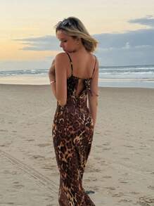 DAZY 豹纹性感露背侧系带露背深V领吊带长款沙滩连衣裙，猎豹纹连衣裙度假邮轮装扮 - 棕色 - 查看 2