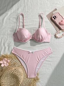 Swim Mod 2pcs Light Pink Shiny Nylon Fabric Underwire Push-Up Strap Bikini Set, Swimsuit For Women With White Floral Trim Decor, Suitable For Island, Beach Resort, Sweet & Refreshing Casual Style, Summer - Baby Pink - View 2